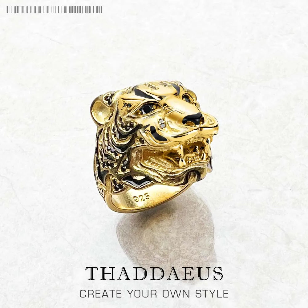 Goldfarbener Tigerkopf-Ring aus 925er Sterlingsilber mit Augenfassungen und Fellgravur