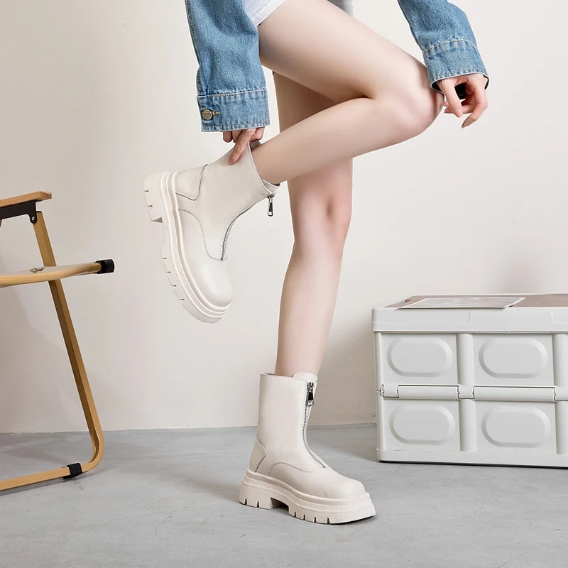 Damen Chelsea-Boots aus Leder, hellbeige, seitlicher Reißverschluss, griffige Profilsohle