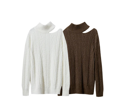 Damen-Rollkragenpullover Hohlstrick Viskose locker lang Raglan Herbst