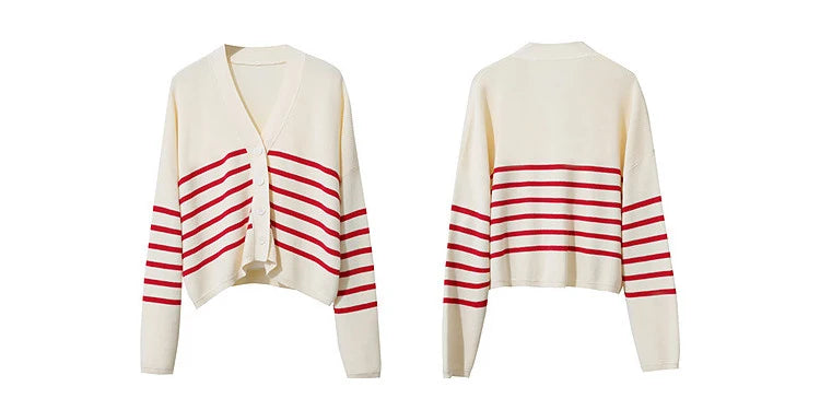 Damen-Strickjacke Baumwolle V-Ausschnitt Kontraststreifen kurz Raglan Frühling