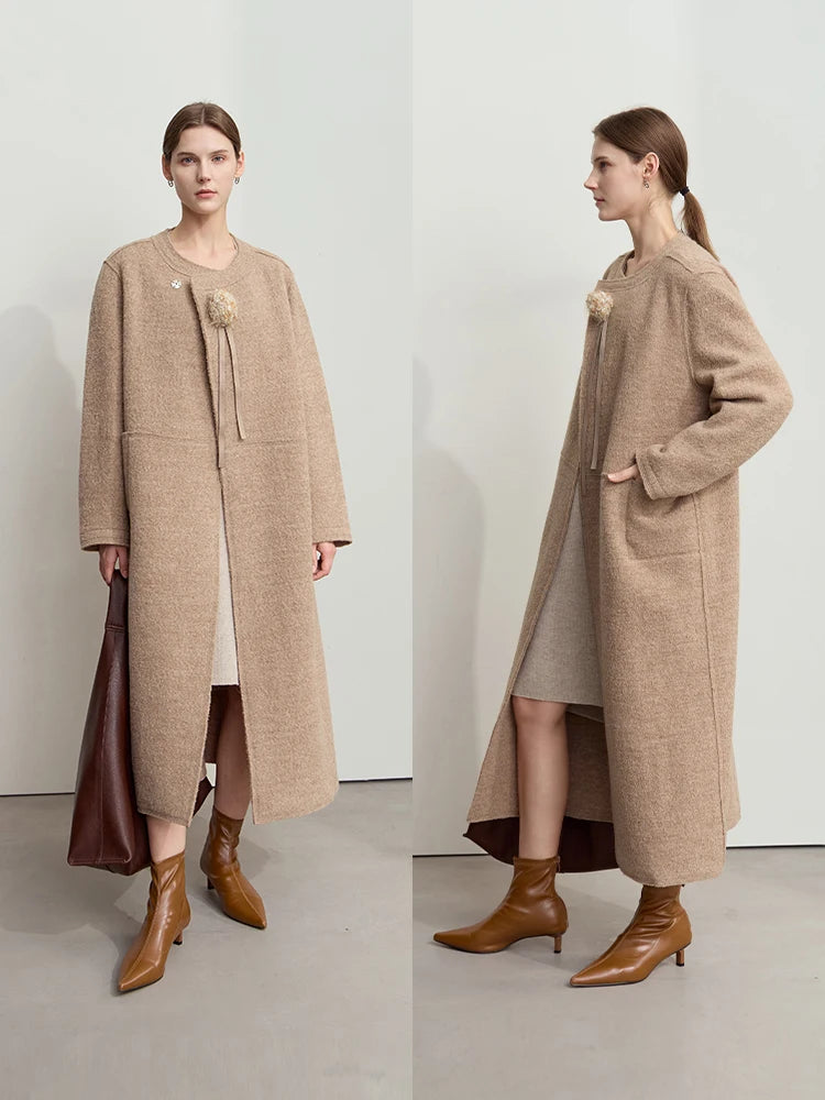 Damen Wollmantel im minimalistischen Stil mit Rundhalsausschnitt und abnehmbarer Corsage