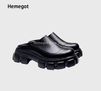 Black Round Toe Men's Business Formal Leather Shoes Spring and Summer New Genuine Leather Large Size Men's Slippers