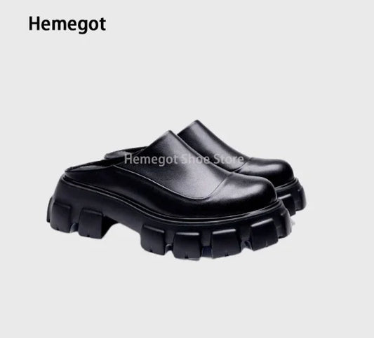 Black Round Toe Men's Business Formal Leather Shoes Spring and Summer New Genuine Leather Large Size Men's Slippers