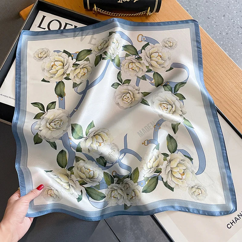 Damen Seidenschal quadratisch Blumen Bandana Taschenband Krawatte Halstuch weich