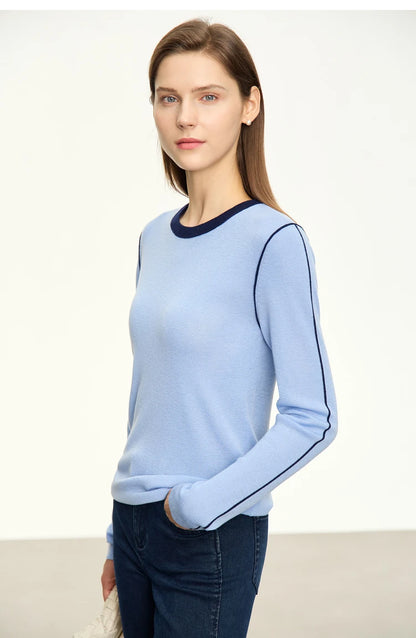 Damen-Rundhalspullover Patchwork Slim Wolle-Mix Herbst-Winter