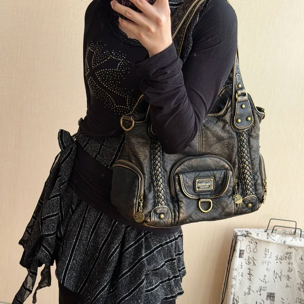 Damen Große Henkeltasche Aus Leder Mit Geflochtenen Details In Retro Waschoptik Groß