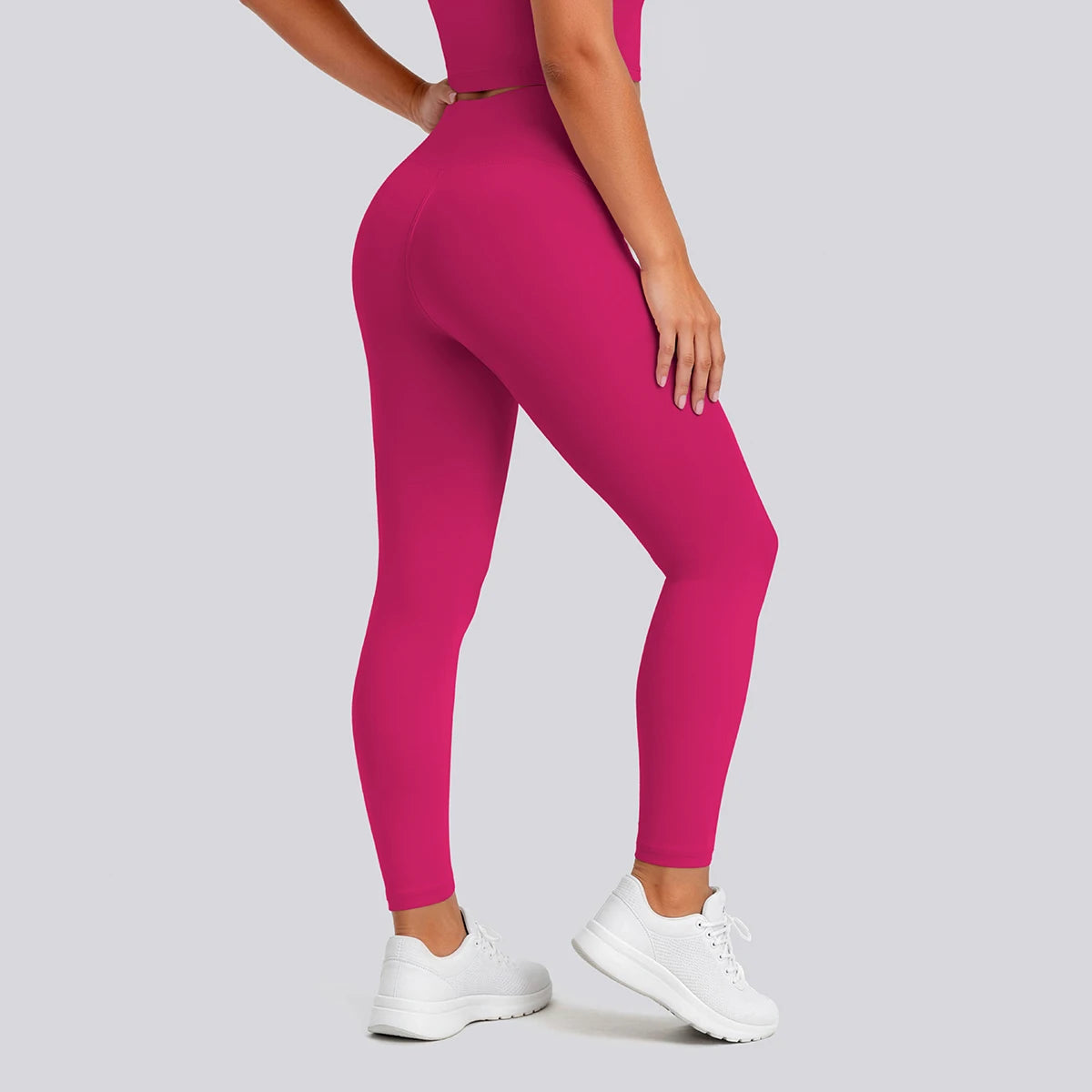 Pinkfarbene Yoga-Leggings mit hohem Bund und glatter Front, Vorderansicht