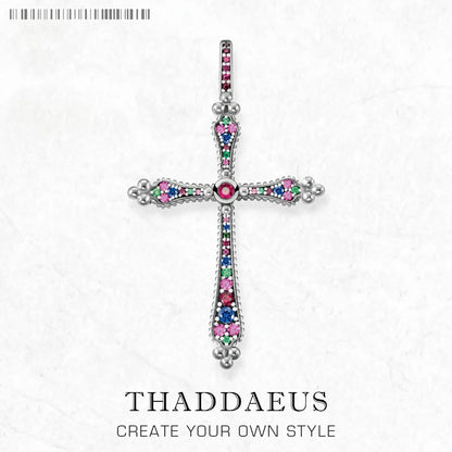 Kreuz-Anhänger aus Sterlingsilber mit bunten Zirkonia in Pink, Blau und Grün