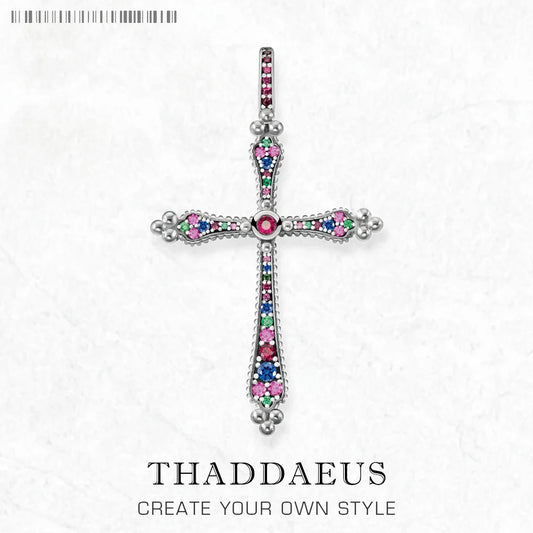 Kreuz-Anhänger aus Sterlingsilber mit bunten Zirkonia in Pink, Blau und Grün