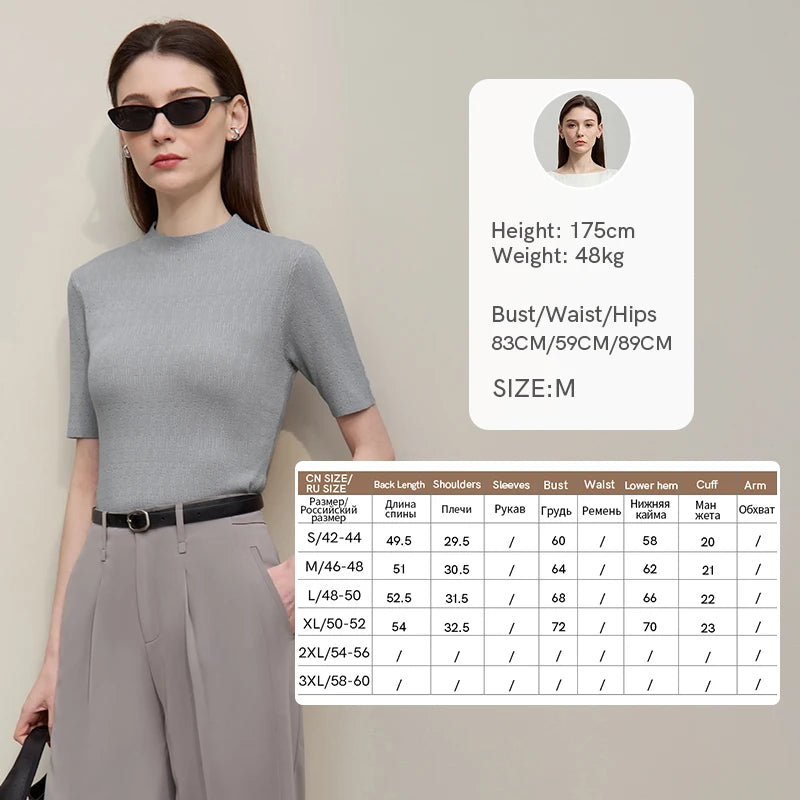 Damen-Strickpullover mit Stehkragen, Kurzarm, grauer Feinstrick, slim