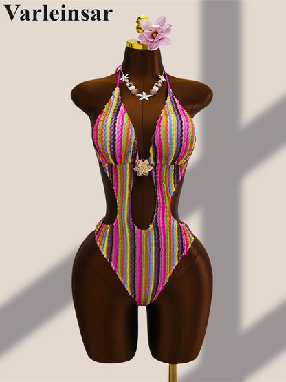 Damen Badeanzug gestreift bunt Neckholder Cut-Out hoher Beinausschnitt Monokini