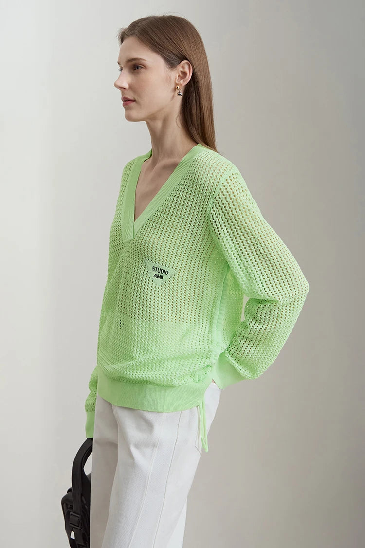 Grüner Damen-Strickpullover mit V-Ausschnitt und langen Ärmeln, feines Maschenbild