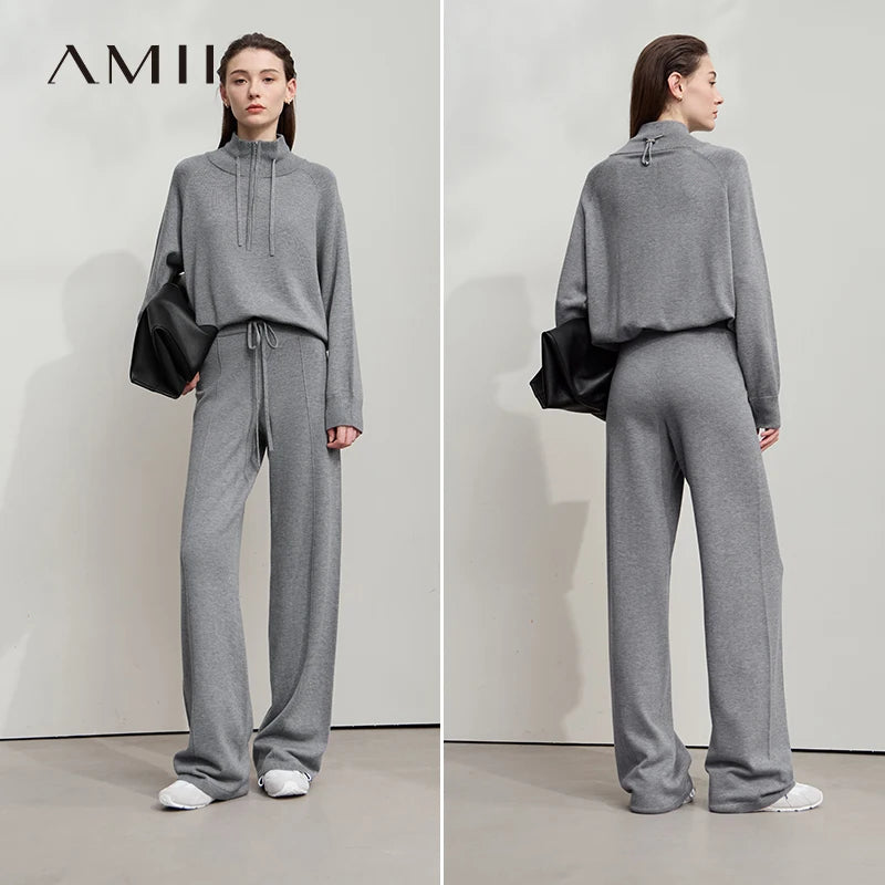 Damen-Rollkragenpullover Reißverschluss weites Bein Set Herbst