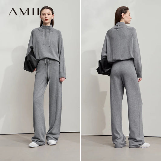 Damen-Rollkragenpullover Reißverschluss weites Bein Set Herbst