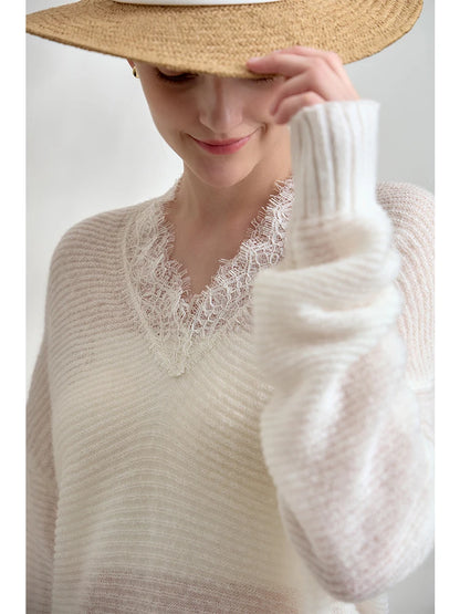 Damen V-Ausschnitt Pullover Mohair Spitze locker mittellang Frühling