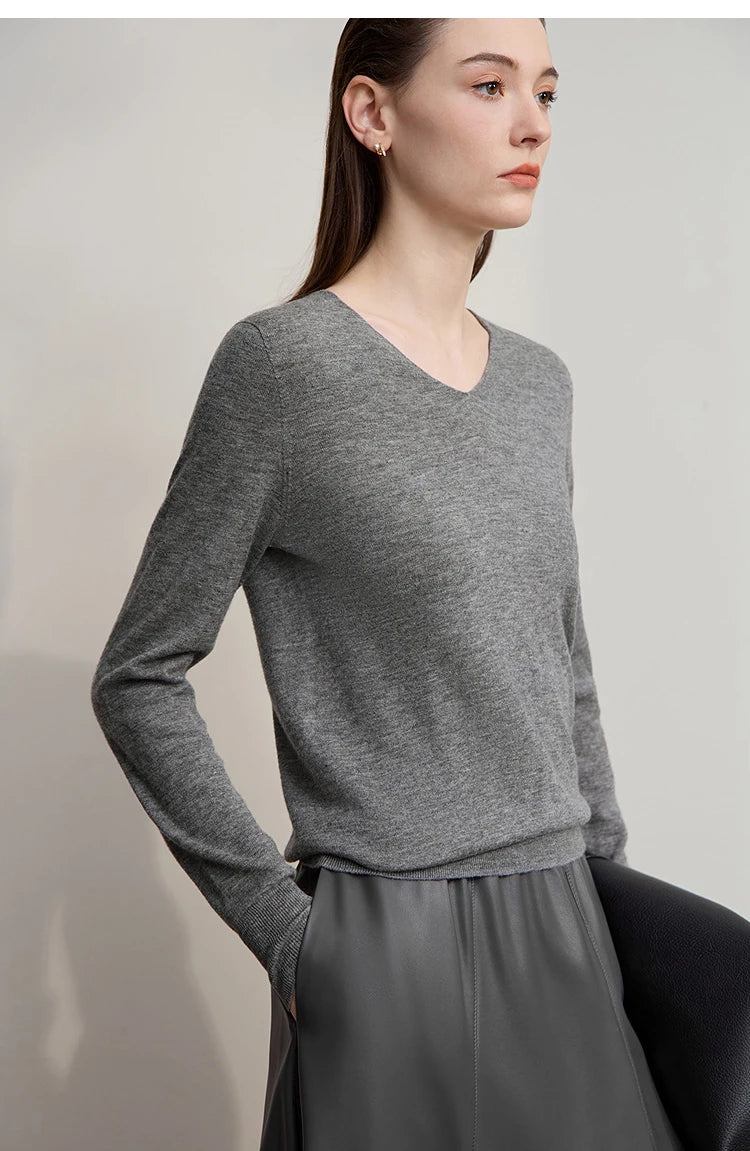 Damen V-Ausschnitt Pullover 100 % Wolle vielseitig Langarm Herbst