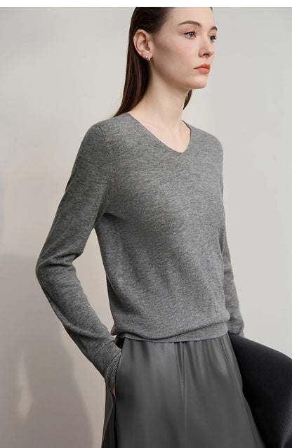 Damen V-Ausschnitt Pullover 100 % Wolle vielseitig Langarm Herbst