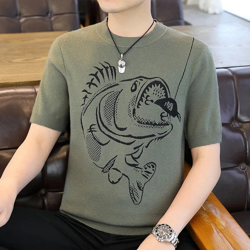 Herren T-Shirt aus leichtem Jacquard mit kurzem Arm im Retro-Stil