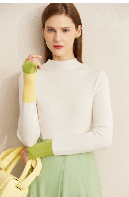 Damen-Halbrollkragen-Pullover Slim Farbkontrast Wolle-Mix Winter