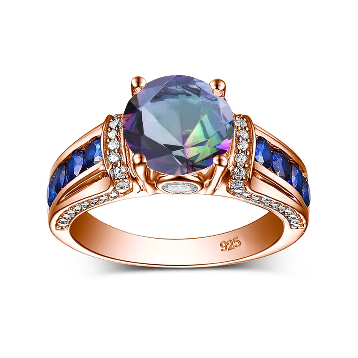 Damen-Ring aus Roségold mit Mystic Topas Regenbogen 8mm Rundschliff Verlobungsring Geschenk