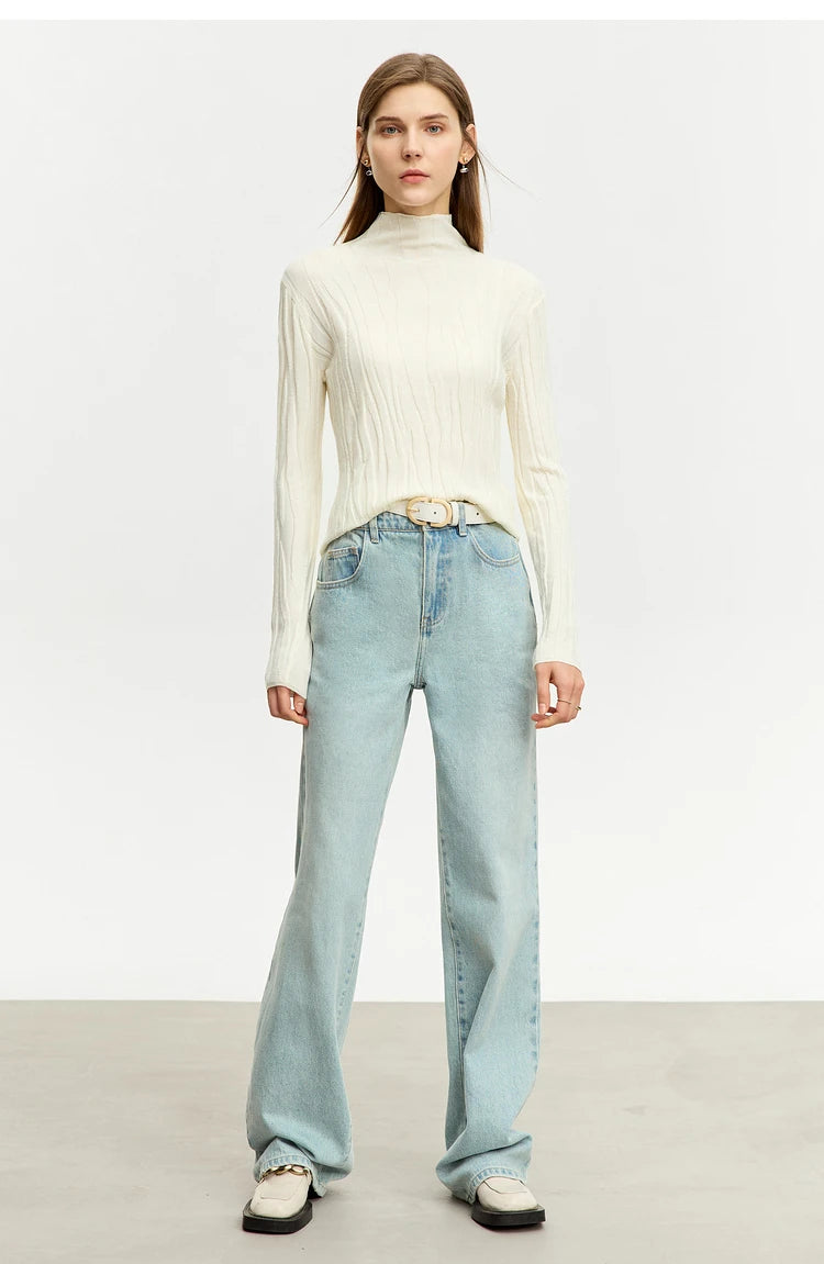 Damen-Wollpullover mit Stehkragen, weiß, lange Ärmel, schmale Silhouette