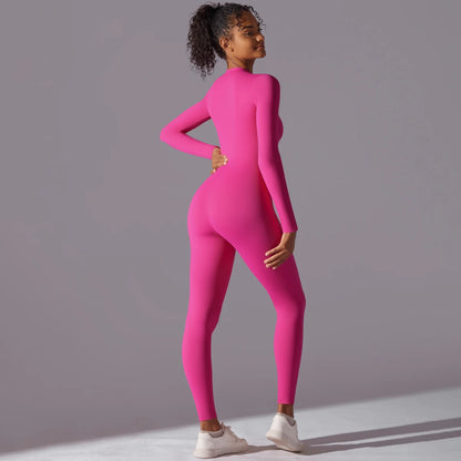 Sport-Overall Damen, lange Ärmel, knalliges Pink, Frontreißverschluss