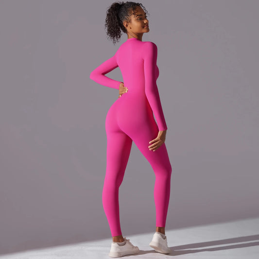 Sport-Overall Damen, lange Ärmel, knalliges Pink, Frontreißverschluss