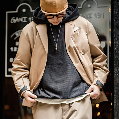 Herren Frühlingsjacke Lässig Einreihiger Blazer Reverskragen Mehrere Taschen Vintage