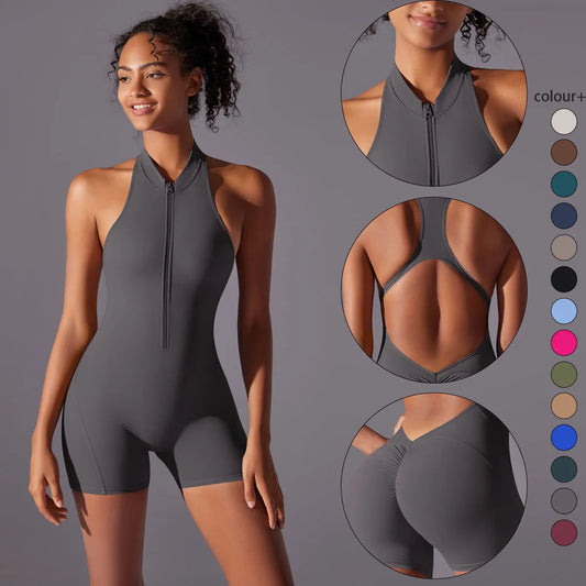 Damen-Stretch-Body mit Frontreißverschluss, ärmellos, dunkelgrau, sportlicher Cut.