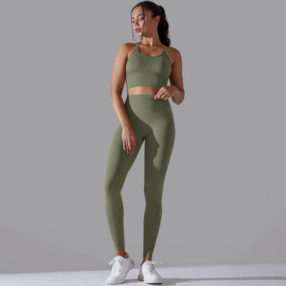 Hamidou nahtloses Yoga-Set, olivgrünes Träger-Top und High-Waist Leggings