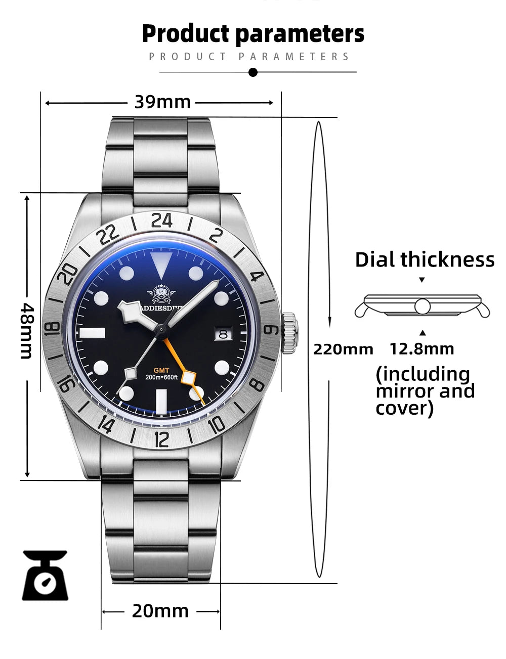 Herren GMT Luxus-Quarzuhr 200m Edelstahl BGW9 Super Leuchtzeiger