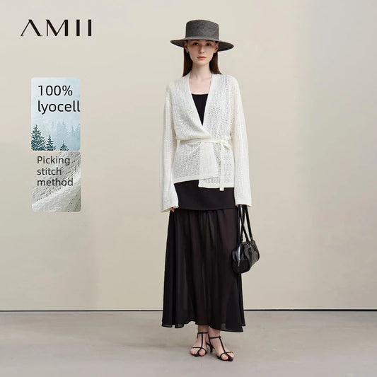 Damen-Strickjacke, V-Ausschnitt, Bindegürtel, Glockenärmel, off-white