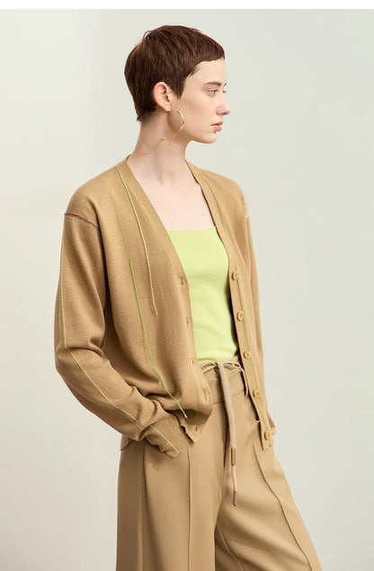 Damen-Strickjacke V-Ausschnitt Patchwork Raglan Wolle-Mix Herbst