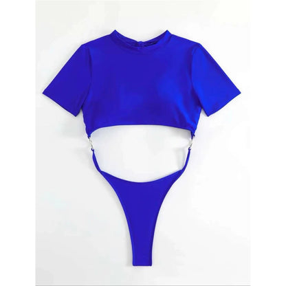 Damen Badeanzug Micro Tanga Cut-Out Monokini Kurzarm 9 Farben
