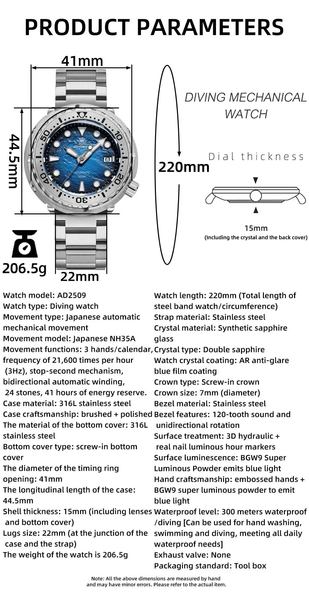 Herren-Profi-Taucheruhr mit Doppel-Saphirglas-Luenette und 300 m Wasserdichtigkeit