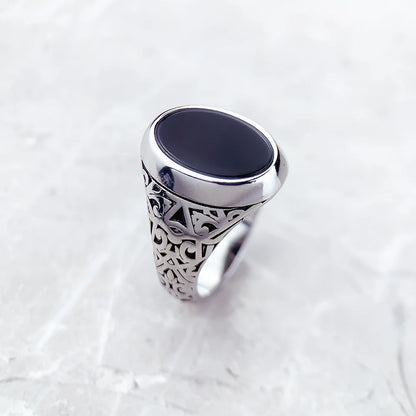 Damen-Ring ovaler Siegel schwarz Vintage aus Sterlingsilber