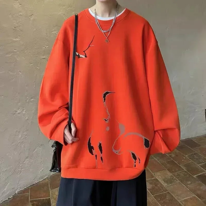 2025, neue Tinte Malerei Kran Gedruckt Pullover Hoodies Für Männer Frühling Hip Hop Mode Oansatz Hoody Y2K Streetwear Sweatshirts