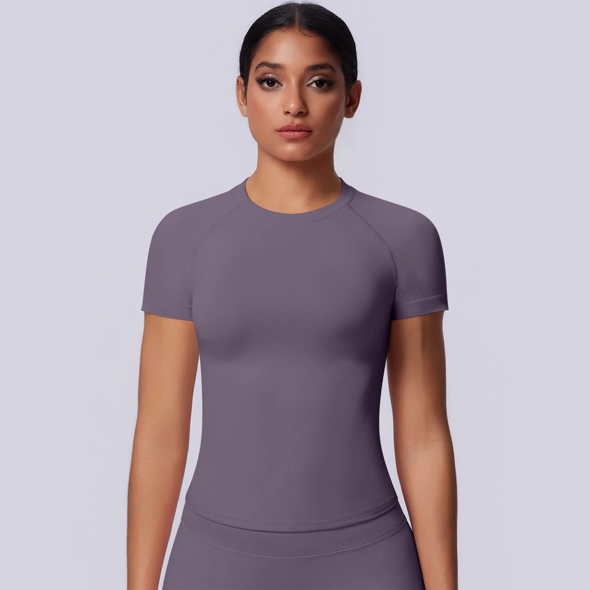 Nahtloses Funktionsshirt für Damen, blaugraues Kurzarm-Shirt mit Rundhalsausschnitt