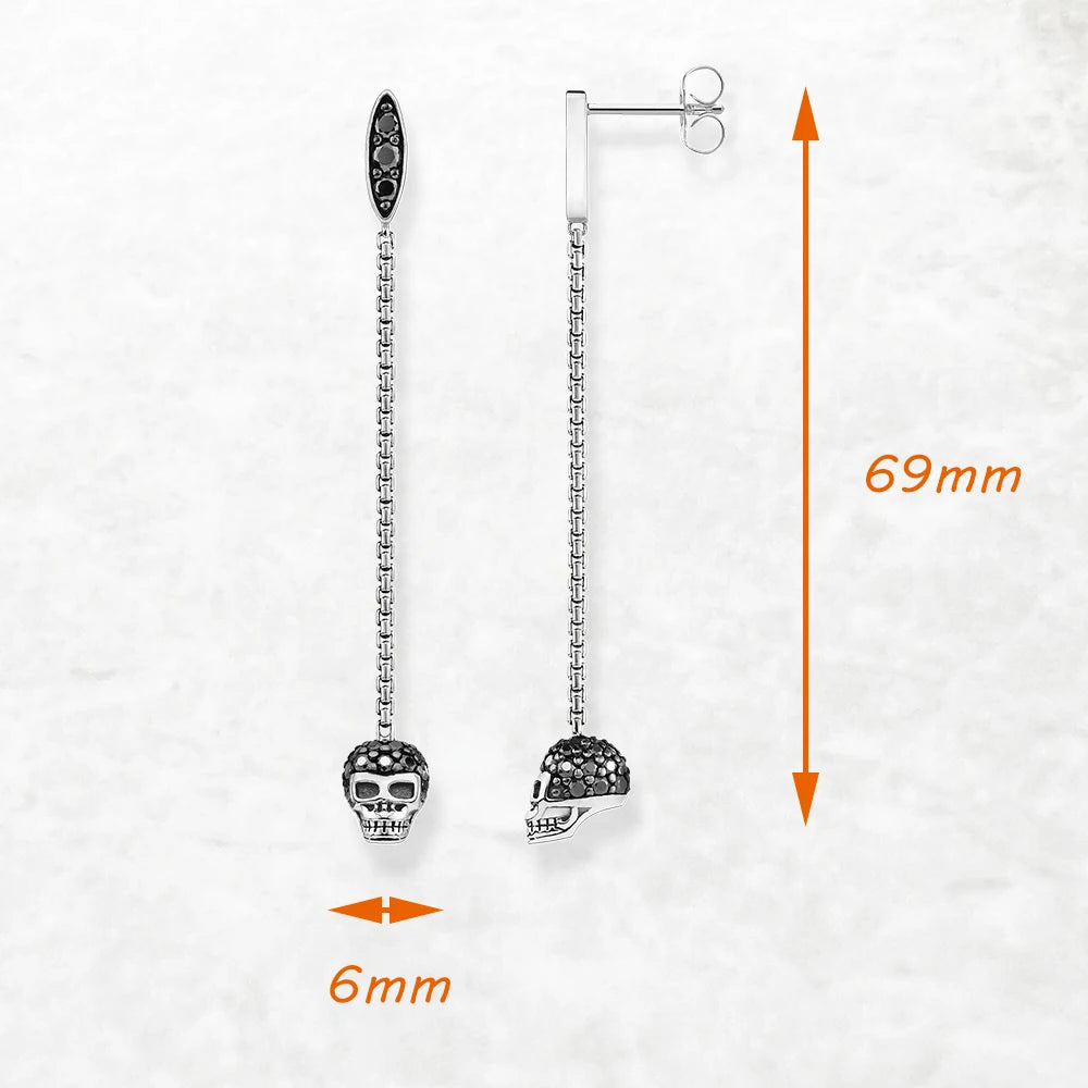 Damen-Ohrringe lang Totenkopf schwarzer Stein aus Sterlingsilber