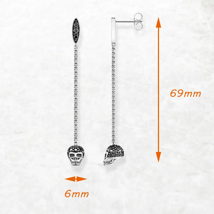 Damen-Ohrringe lang Totenkopf schwarzer Stein aus Sterlingsilber