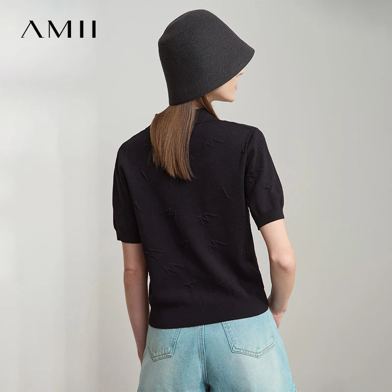 Damen-POLO-Strickpullover, schwarz, Kurzarm, Rückansicht, dezente Jacquard-Struktur