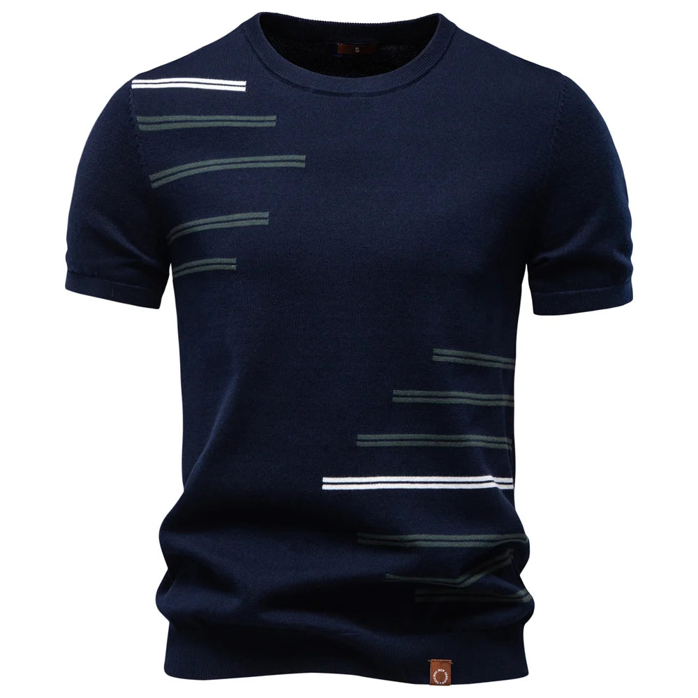 Herren T-Shirt Rundhals, dunkelblau, Streifenmuster vorn, kurze Ärmel