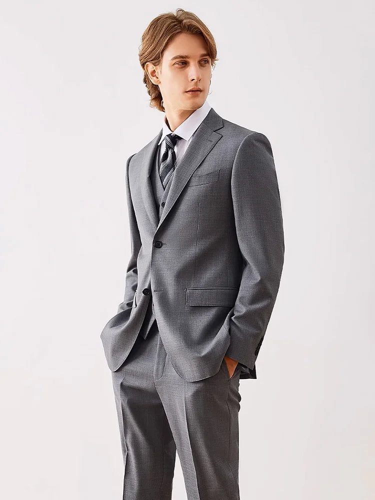 Herrenanzug-Set aus Wolle in Tiefblau – Einreihiger Blazer mit Weste und Hose für formelle Anlässe und Alltag im Slim-Fit-Stil