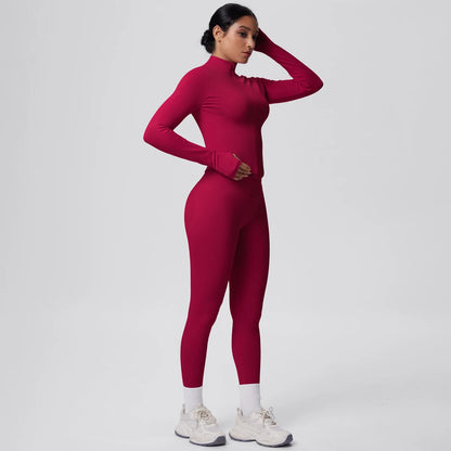 Dunkelrotes Yoga-Set: langärmeliges Oberteil und Leggings mit hoher Taille