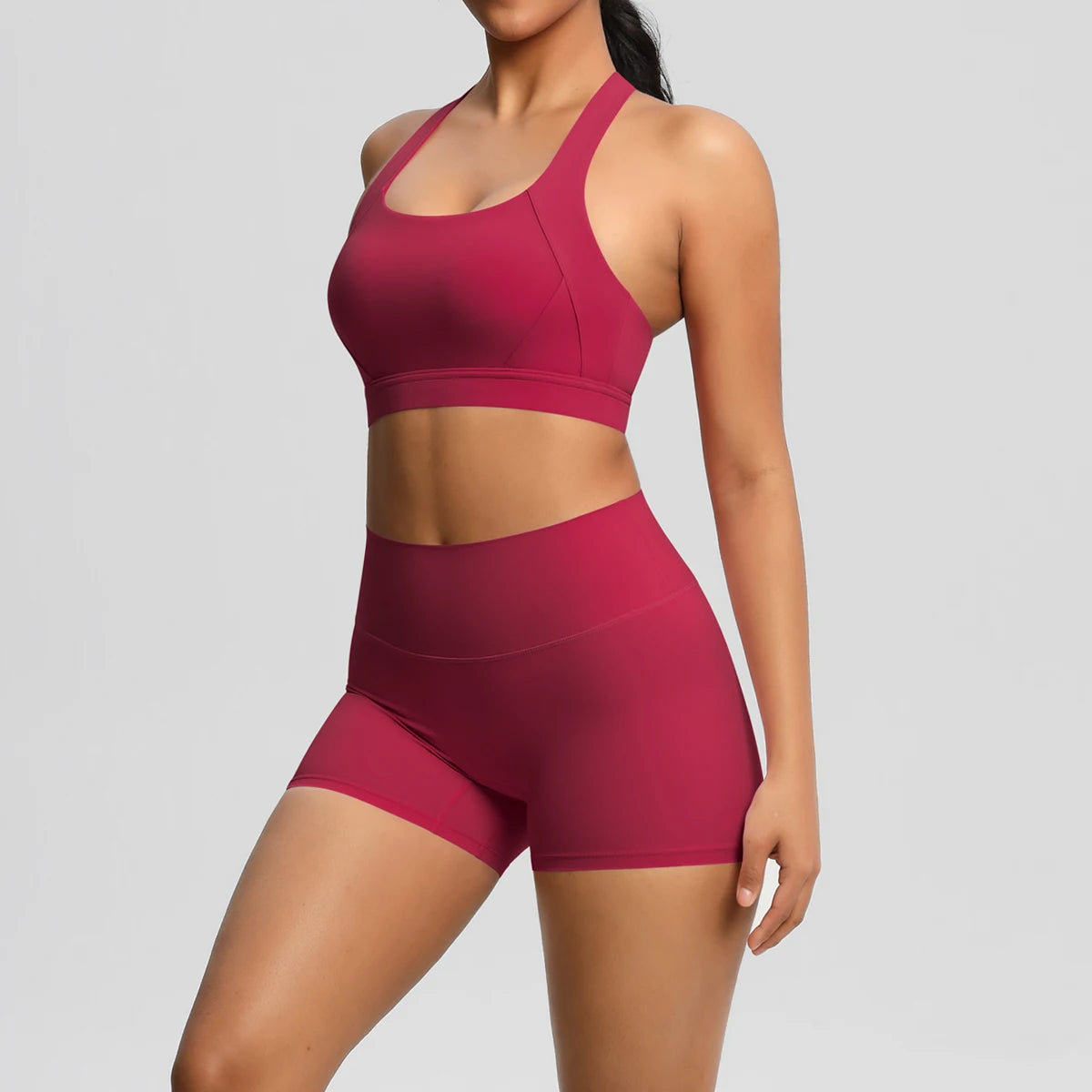 Damen-Sportset mit Crop Top und Shorts, dunkelrot, nahtbetont