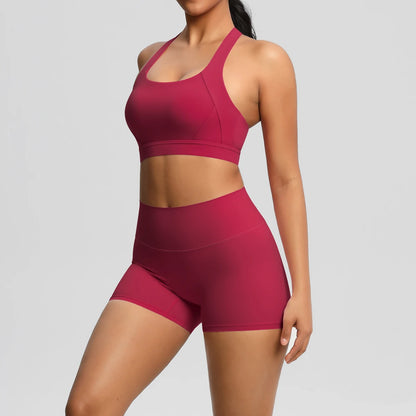 Damen-Sportset mit Crop Top und Shorts, dunkelrot, nahtbetont