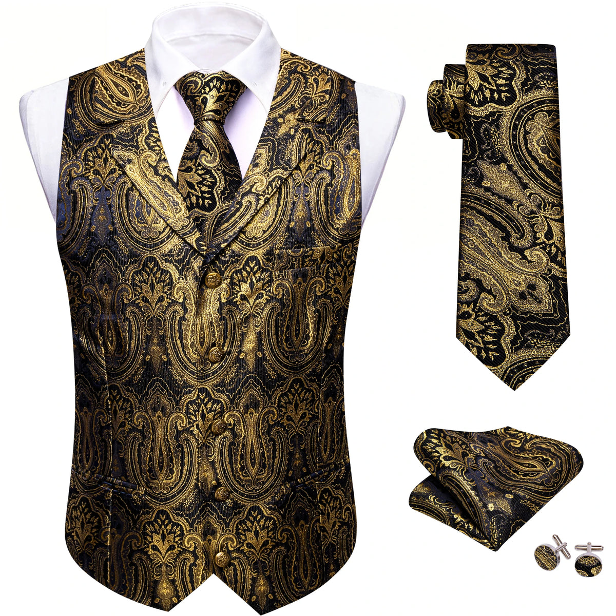 Jacquard-Herrenweste mit Paisley, dunkelbraun/gold, V-Ausschnitt, Knöpfe, Einstecktuch