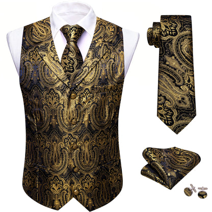 Jacquard-Herrenweste mit Paisley, dunkelbraun/gold, V-Ausschnitt, Knöpfe, Einstecktuch