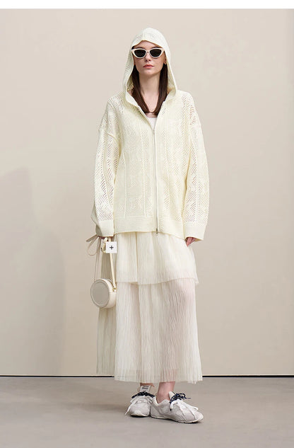 Damen-Strickjacke Kapuze Jacquard Hohlstrick Doppelreißverschluss locker Frühling