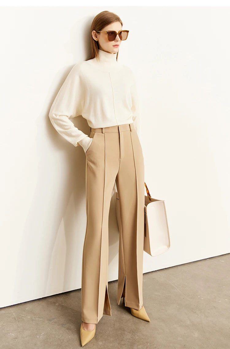 Damen-Rollkragenpullover 100 % Wolle locker Fledermausärmel Herbst